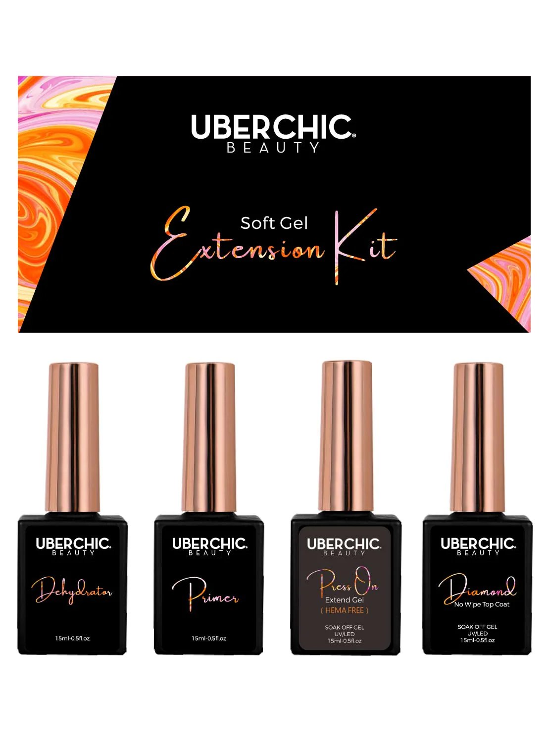 HEMA Free Soft Gel Kit 3-Step Soak Off Nail Extension System with Bonus Gel Top Coat (4 piece set total)- Uber Chic Beauty Main image