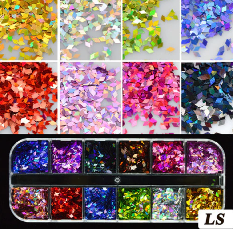 Glitter Kit Sets with 12 Different Glitters - Solid Holo Rhombus LS